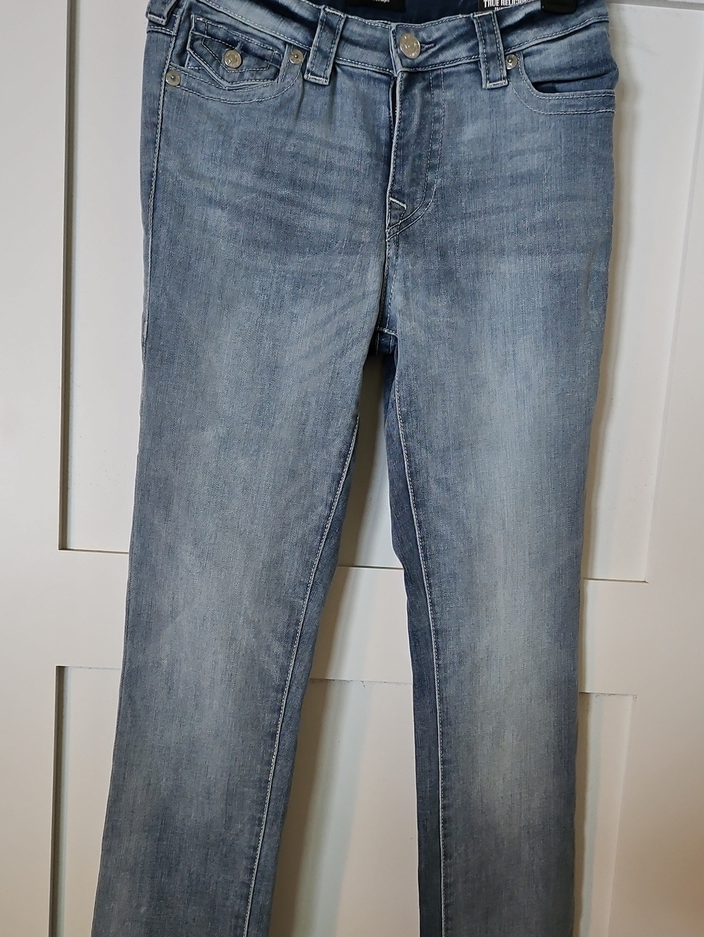True Religion Women's Straight Leg Jeans in Light Blue Wash